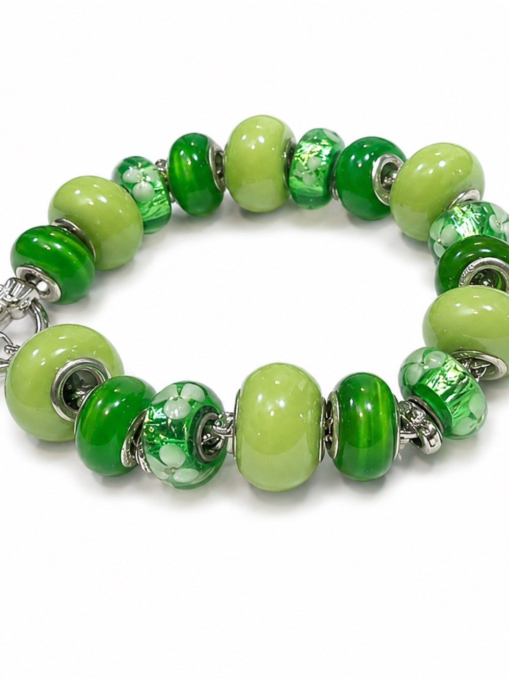 Murano Style Green Lampwork Glass Bracelet – 925 Sterling Silver Core Beads